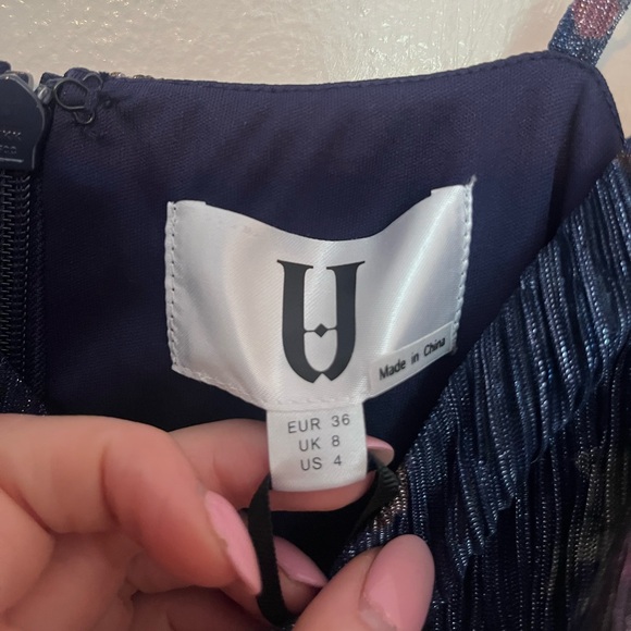 Navy Floral Shimmer Dress—Missing Belt, Size 4 - Picture 14 of 17